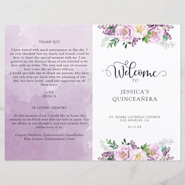 Elegant Purple Floral Quinceañera Welcome Program (Front)