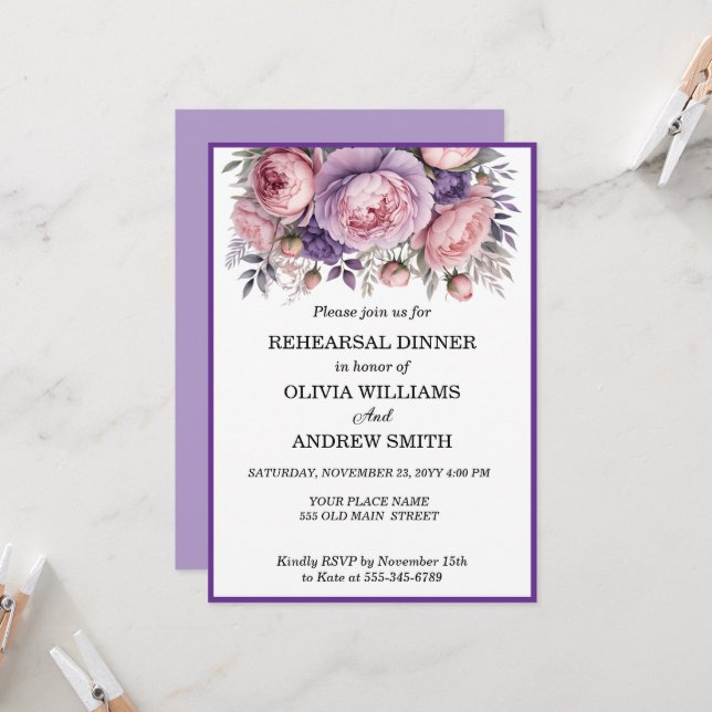Elegant Purple Floral Rehearsal Dinner Invitation (Front/Back In Situ)