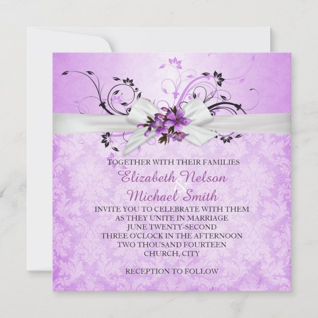 Elegant Purple Floral Ribbon Damask Wedding Invite (Front)