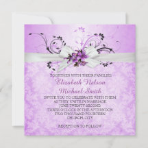 Elegant Purple Floral Ribbon Damask Wedding Invite