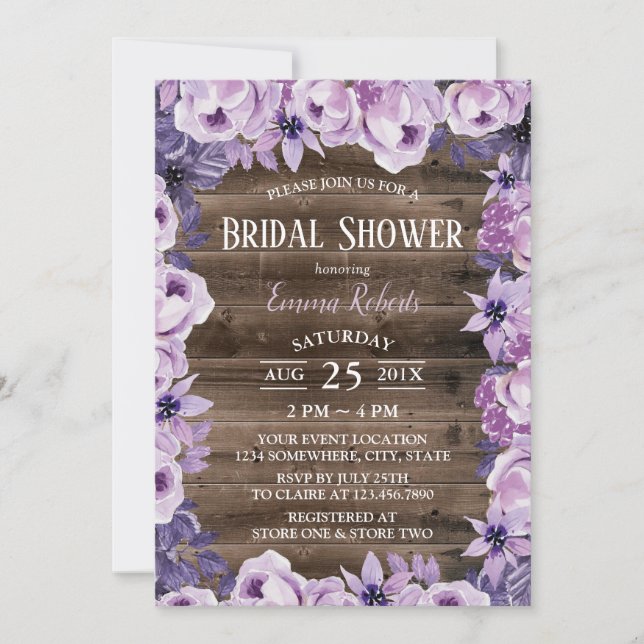 Elegant Purple Floral Rustic Barn Bridal Shower Invitation (Front)