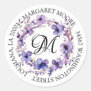 Elegant Purple Floral Script Monogram Address Classic Round Sticker