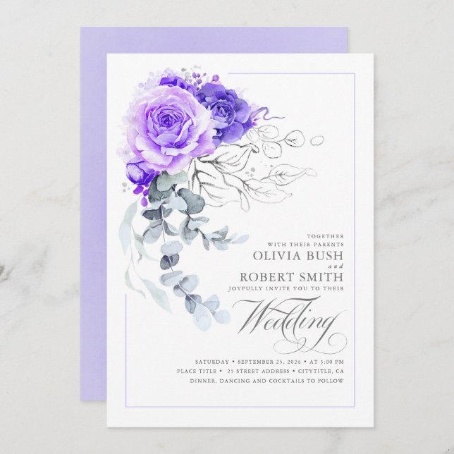 Elegant Purple Floral Silver Greenery Boho Wedding Invitation (Front/Back)