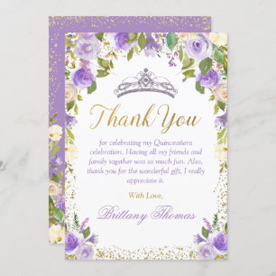 Elegant Purple Floral Sparkle Gold Quinceanera  Thank You Card