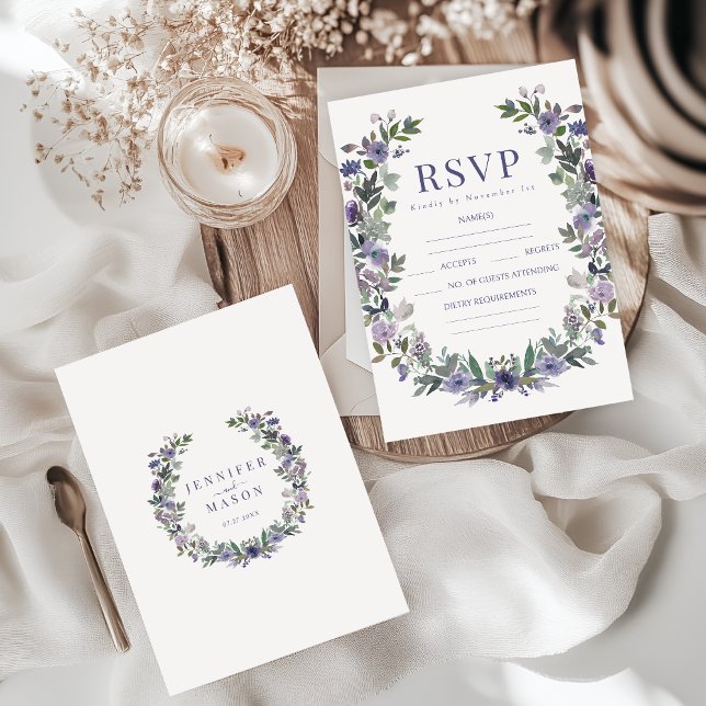 Elegant purple floral summer wedding RSVP cards (Creator Uploaded)