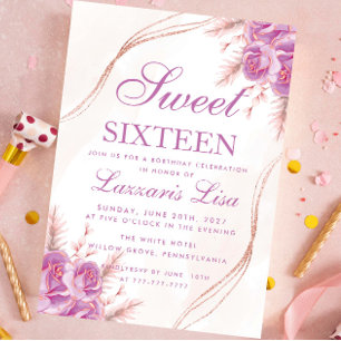 Elegant Purple Floral Sweet Sixteen 16 Birthday Invitation