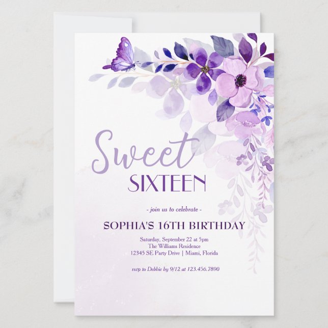 Elegant Purple Floral Sweet Sixteen Invitation (Front)
