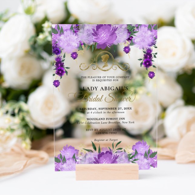 Elegant Purple Floral Victorian Bridal Shower Acrylic Invitations (Creator Uploaded)