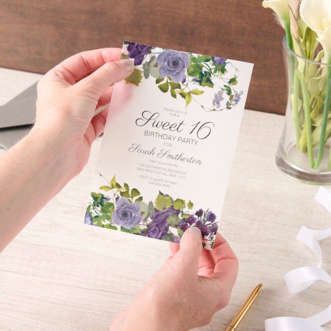 Elegant Purple Floral Vines Sweet 16  Vellum Invitations (Handheld)