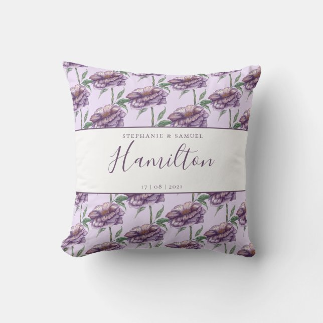 Elegant Purple Floral Wedding Anniversary Gift Cushion (Front)