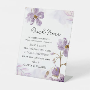 Elegant Purple Floral Wedding Drink Menu Pedestal Sign