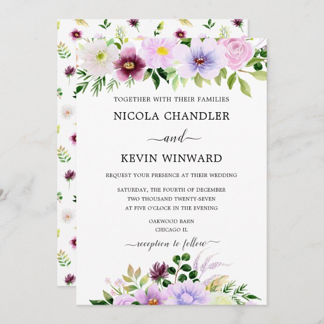 Elegant Purple Floral Wedding Invitation (Front/Back)