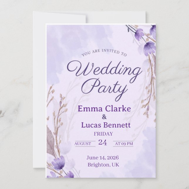 Elegant Purple Floral Wedding Party Invitation (Front)