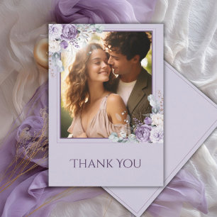 Elegant Purple Floral Wedding Photo Thank You Card