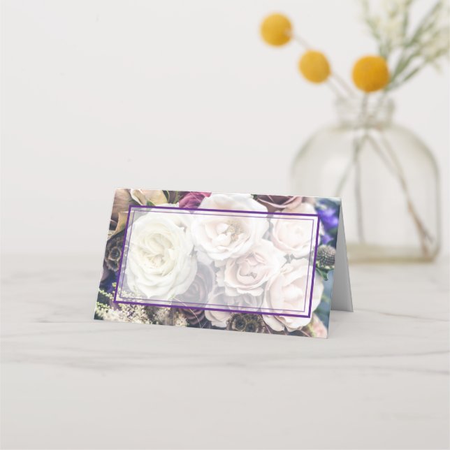 Elegant Purple Floral Wedding Reception  Place Card (Front)