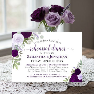 Elegant Purple Floral Wedding Rehearsal Dinner Invitation