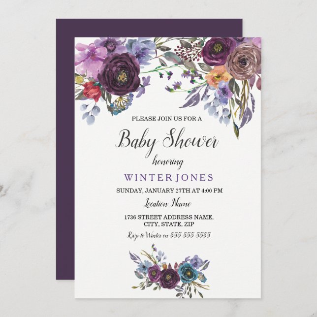 Elegant Purple Floral Winter Baby Shower Invite (Front/Back)