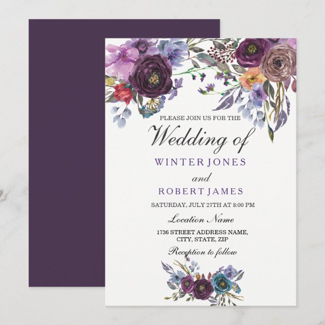 Elegant Purple Floral Winter Wedding Invitation (Front/Back)
