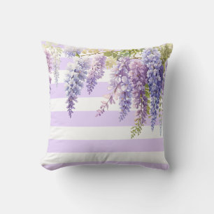 Elegant purple floral wisteria purple white strips cushion
