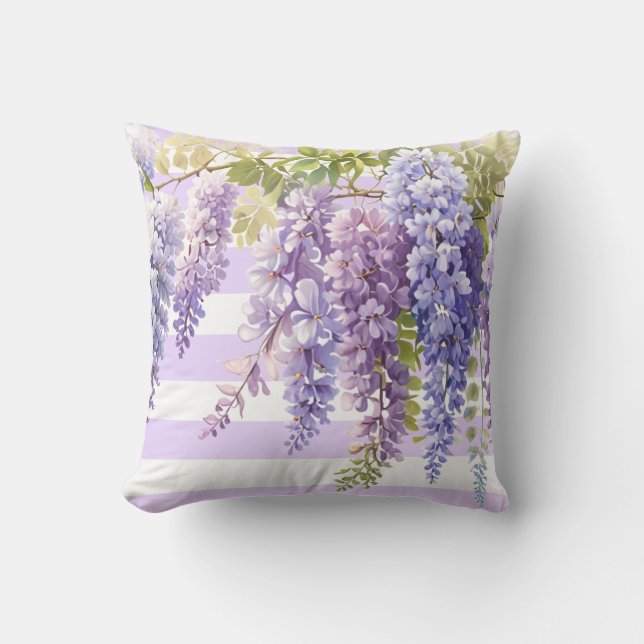 Elegant purple floral wisteria purple white strips cushion (Front)