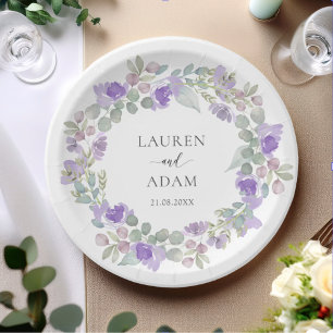 Elegant Purple Floral Wreath Wedding Paper Plate
