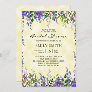 Elegant Purple Floral Yellow Bridal Shower Invitation