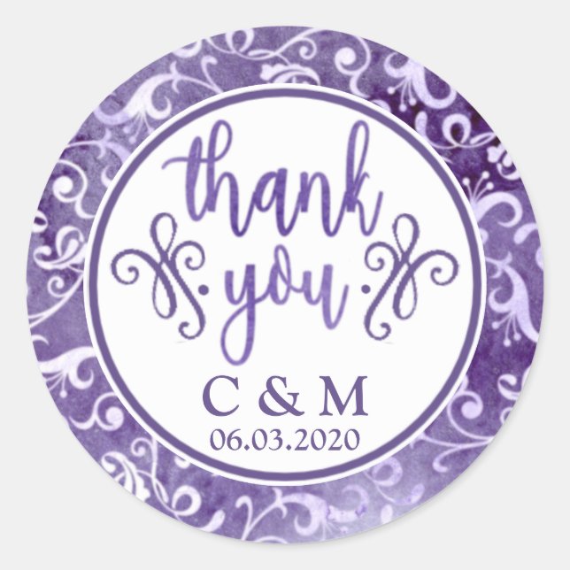 Elegant Purple Flourishes Wedding Thank You Classic Round Sticker (Front)