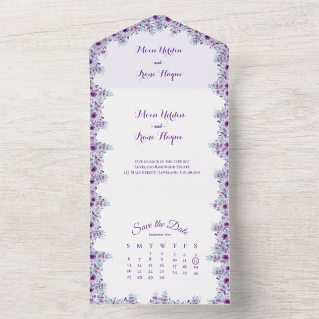 Elegant purple flower  all in one invitation (Inside)