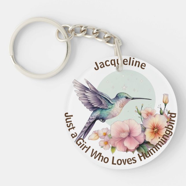 Elegant Purple Flower Blue Hummingbird Customised Key Ring (Front)
