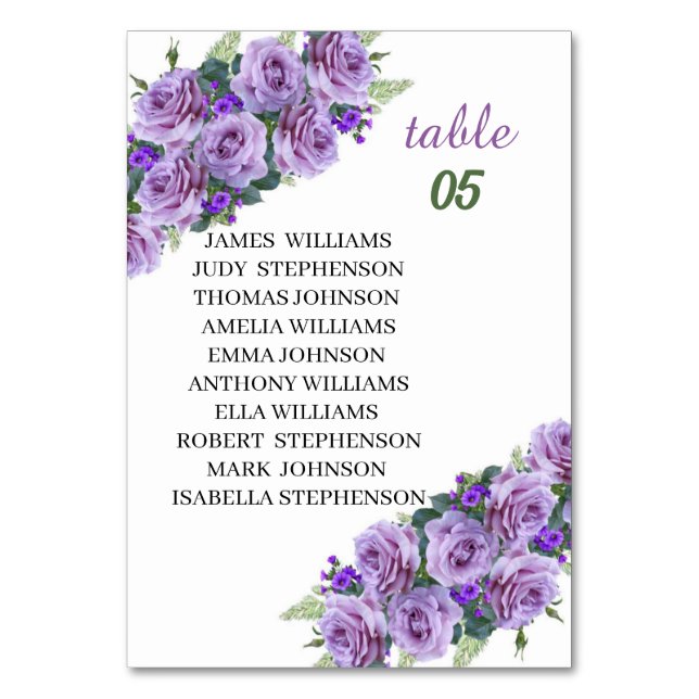 Elegant Purple Flower Personalised Wedding Table Number (Front)