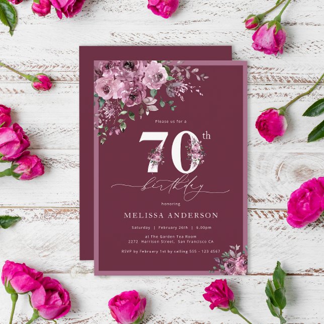 Elegant Purple Flowers 70th Birthday Invitation (Creator Uploaded)