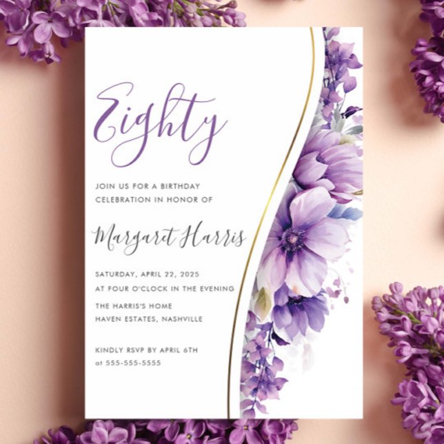 Elegant Purple Flowers 80th Eighty Birthday Invitation (Creator Uploaded)