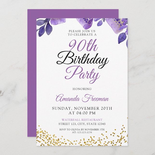 Elegant Purple Flowers 90th Birthday Invitation (Front/Back)
