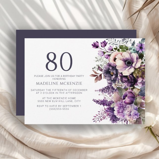 Elegant Purple Flowers Adult 80th Birthday Invitation (Elegant purple and pink floral 80th birthday party invitation)