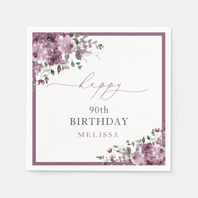 Elegant Purple Flowers Any Age Birthday Party Napkin (Front)