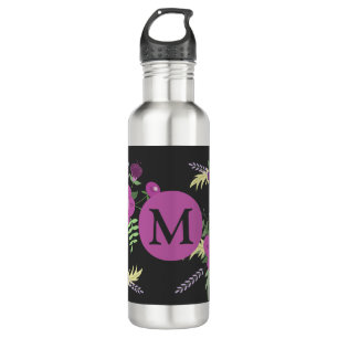 Elegant Purple Flowers Art on Black Monogram 710 Ml Water Bottle