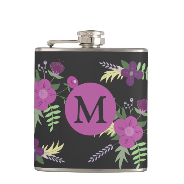 Elegant Purple Flowers Art on Black Monogram Hip Flask (Front)