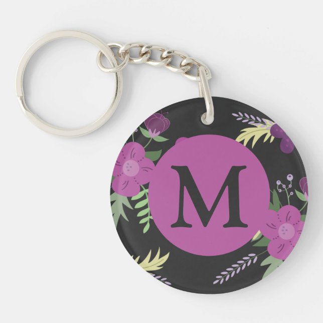 Elegant Purple Flowers Art on Black Monogram Key Ring (Front)