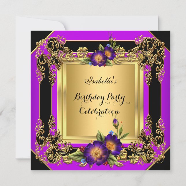Elegant Purple Flowers Gold Black Birthday Party Invitation (Front)