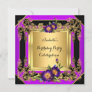 Elegant Purple Flowers Gold Black Birthday Party Invitation