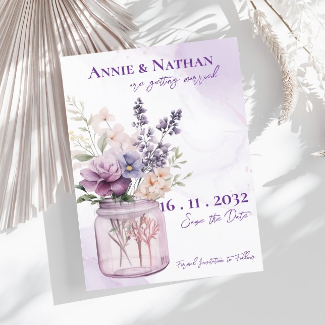 Elegant Purple Flowers In Mason Jar Floral Wedding Announcement Postcard (Elegant Purple Flowers In Mason Jar Floral Wedding Announcement Postcard)