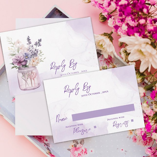 Elegant Purple Flowers In Mason Jar Floral Wedding RSVP Card (Elegant Purple Flowers In Mason Jar Floral Wedding RSVP Card)