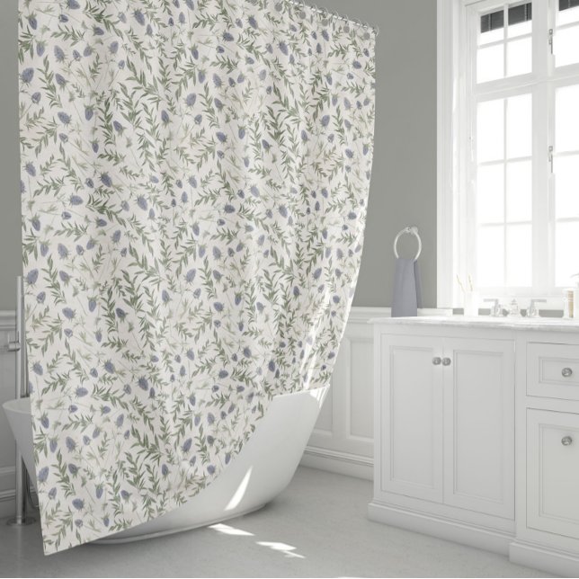 Elegant Purple Flowers Shower Curtain (Elegant Sage Lavender Thistle Floral Pattern Shower Curtain from Studio Posies.)