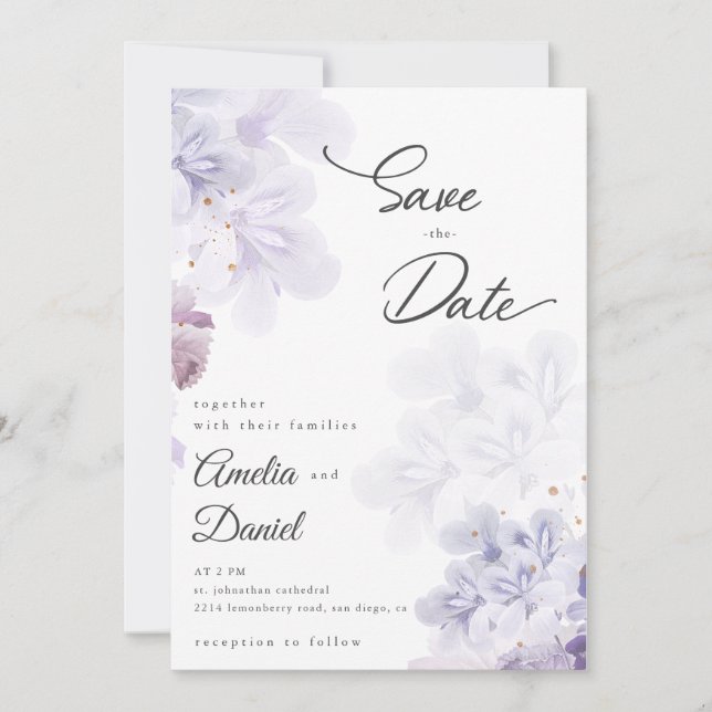 Elegant purple flowers wedding Save the Date Invitation (Front)