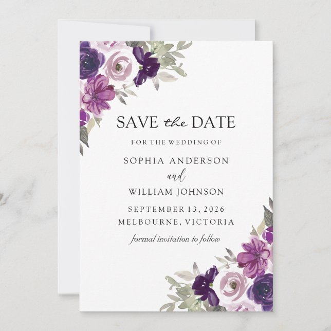 Elegant Purple Flowers Winter Wedding Save The Date (Front)