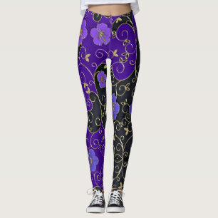 Elegant Purple Flowers With Gold Leaves And Swirls Leggings