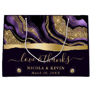Elegant Purple Foil and Gold Glitter Agate Wedding Large Gift Bag