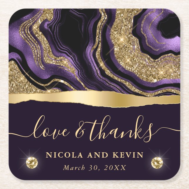 Elegant Purple Foil and Gold Glitter Agate Wedding Square Paper Coaster (Front)