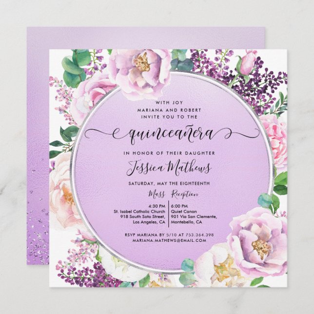 Elegant Purple Foil, Floral Watercolor Quinceañera Invitation (Front/Back)