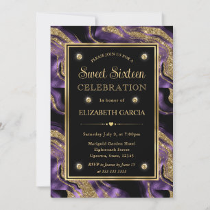 Elegant Purple Foil & Gold Glitter Agate Sweet 16 Invitation